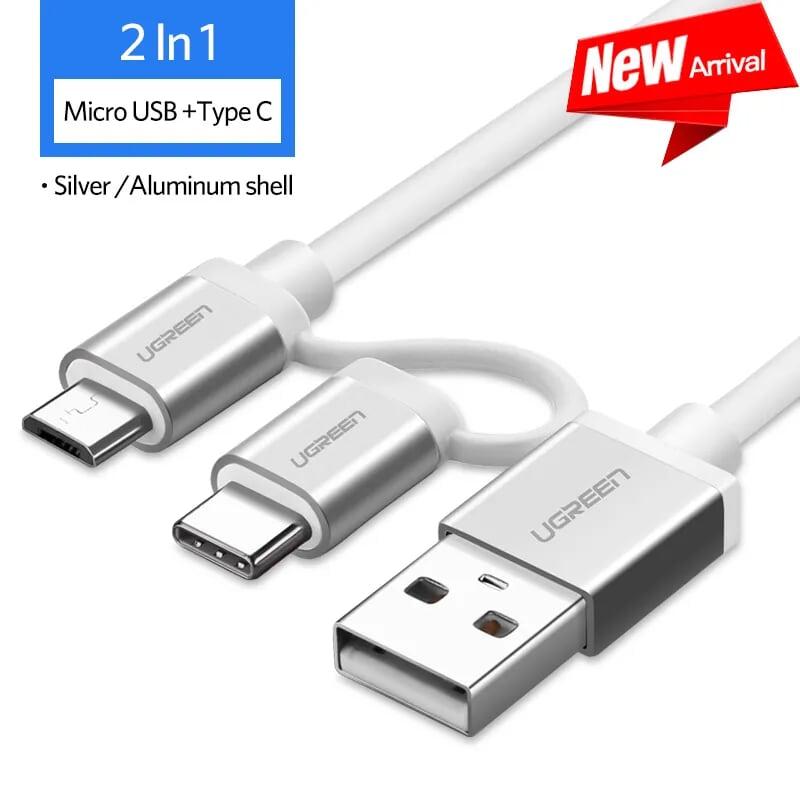 Ugreen UG20873US177TK 1.5M màu Bạc Cáp USB-A sang Micro USB + USB-C cao cấp - HÀNG CHÍNH HÃNG