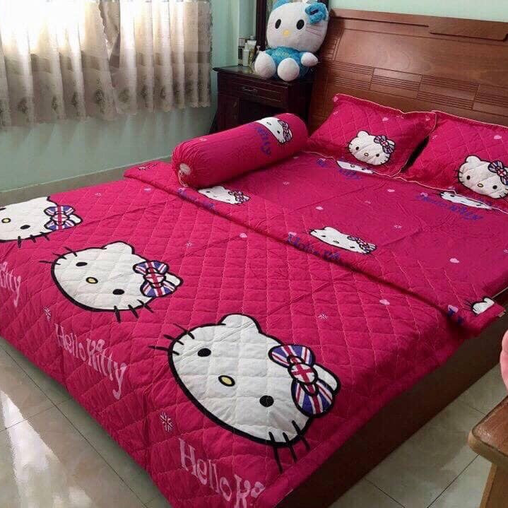 Bộ Chăn Ga Gối Cotton Poly Hè Thu 5 Món Kitti Hồng Đậm