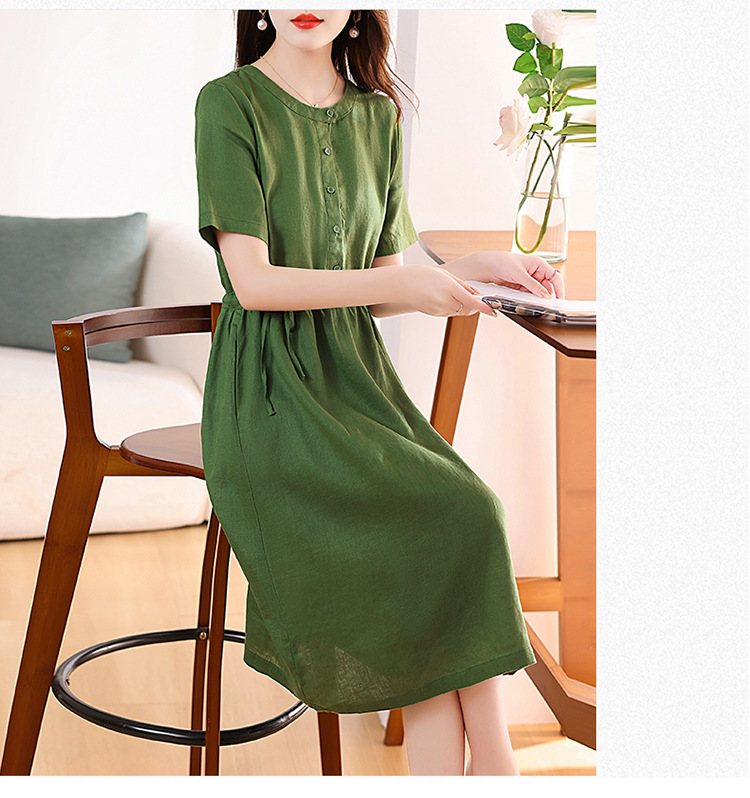Đầm suông linen thắt eo thời trang màu trendy cổ tàu