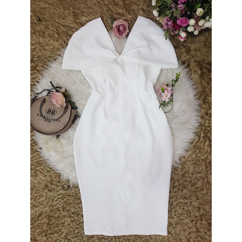 Đầm suông phối nơ trễ vai