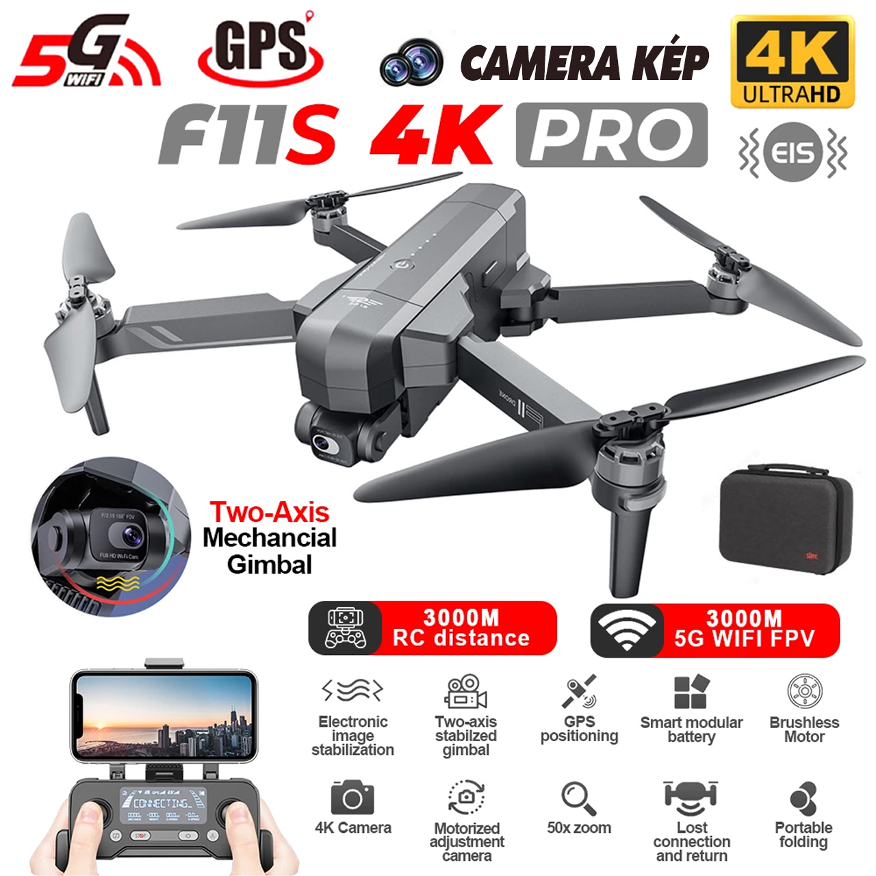 Vinetteam Flycam SJRC F11S 4K Pro bản mới nhất 2021, bay xa 3km - Gimbal chống rung 2 trục, chống rung điện tử EIS, thời gian bay 30 phút - hàng nhập khẩu