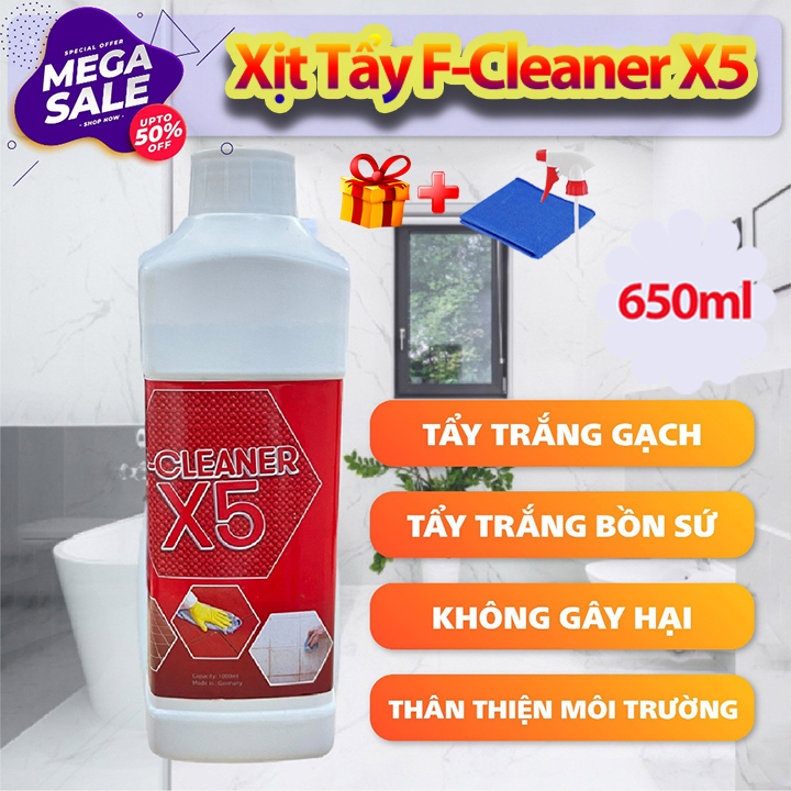 Nước Tẩy Trắng Vệ Sinh Sàn Nhà Dạng Xịt F-Cleaner X5 650ml Làm Sạch Bề Mặt Sàn Đá Hóa, Đường Chỉ Gạch + Tặng Khăn Lau