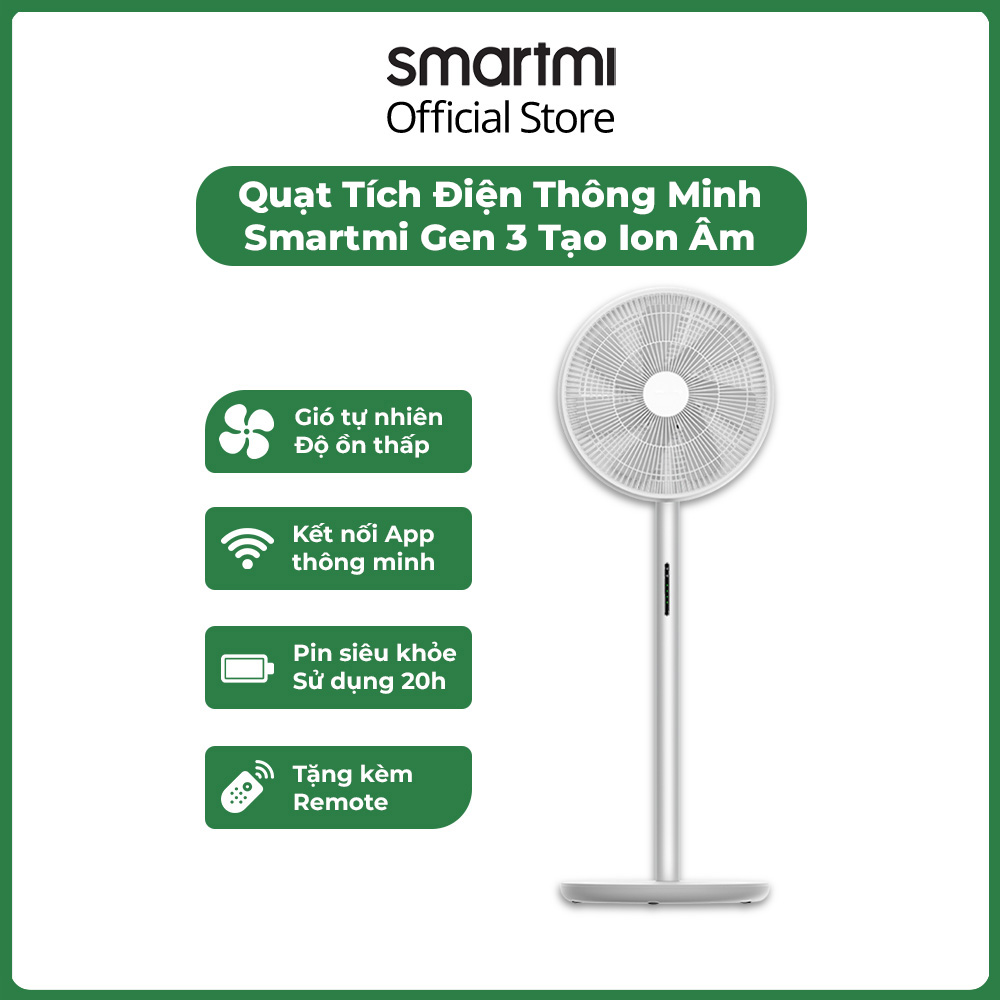 Tặng quạt mini-Quạt Tích Điện Thông Minh Smartmi Gen 3 tạo ion âm thanh lọc không khí, động cơ DC chống ồn-có điều khiển-bản quốc tế- hàng chính hãng