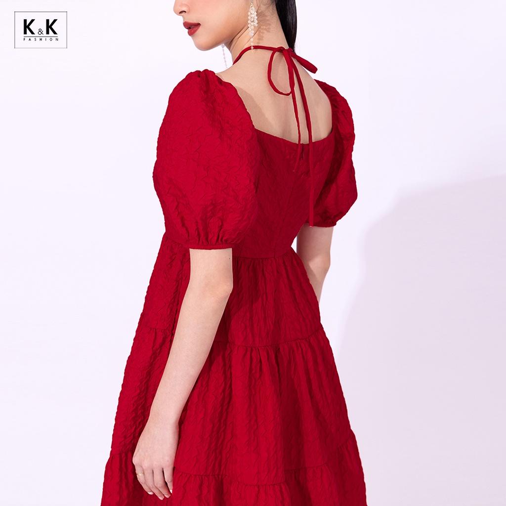 Đầm Xòe Đỏ Dự Tiệc Tay Phồng Cổ Chéo Dây K&amp;K Fashion KK119-40 Chất Liệu Xốp 3D