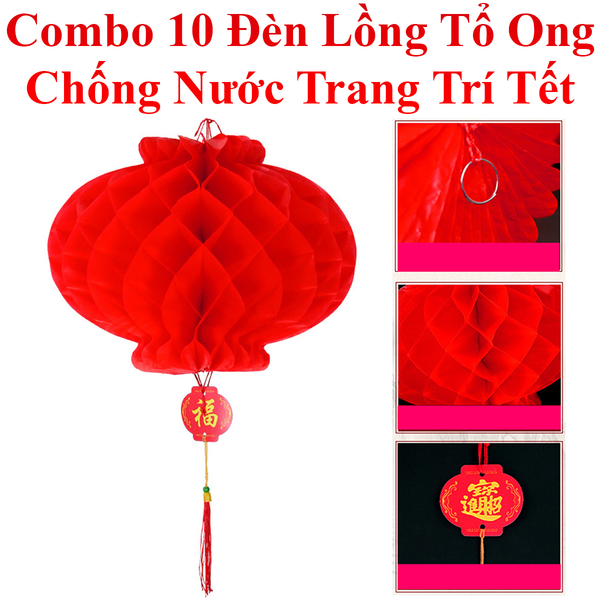 Combo 10 Đèn Lồng Tổ Ong Chống Nước Trang Trí Tết Chữ Phúc May Mắn 14cm