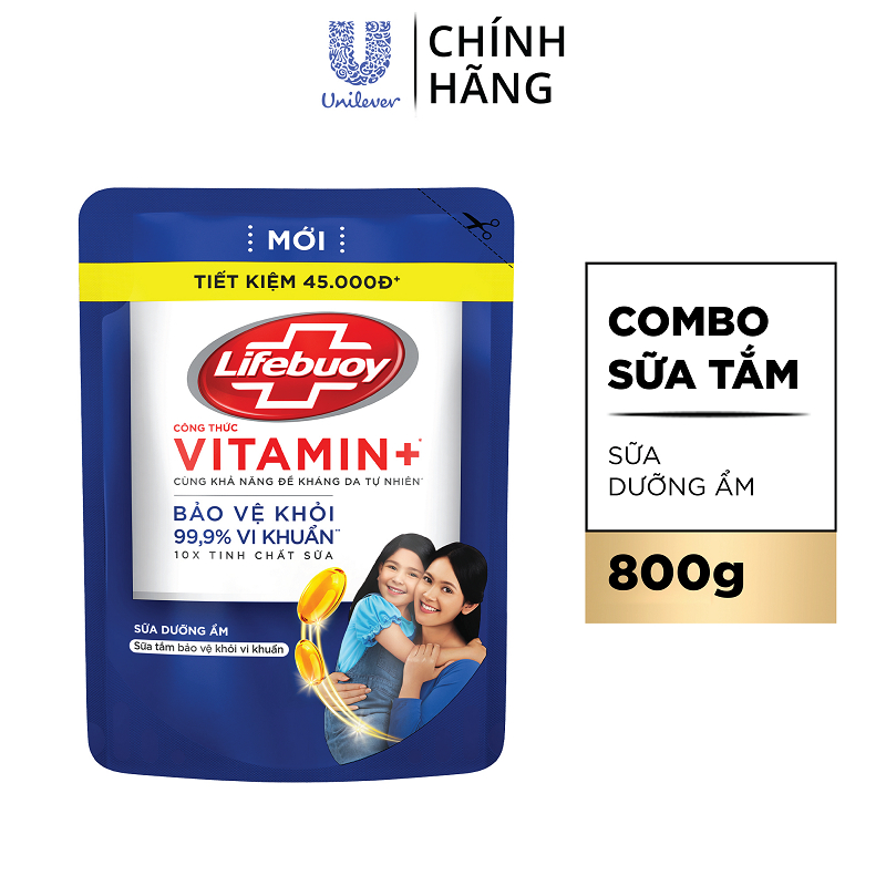 Combo Sữa Tắm Lifebuoy Sạch Khuẩn Chăm Sóc Da Ngăn Ngừa Vi Khuẩn Lây Lan Với Ion Bạc+ Hỗ Trợ Cùng Đề Kháng Da Tự Nhiên Chai 1KG + Túi 800G