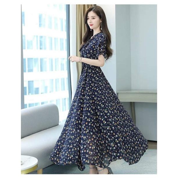 HÀNG NHẬP - ĐẦM MAXI VOAN HOA CỔ THẮT NƠ