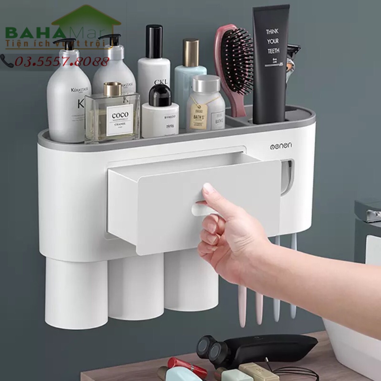 GIÁ ĐỂ TREO BÀN CHẢI NHẢ THUỐC ĐÁNH RĂNG TỰ ĐỘNG - 3 CỐC TREO NAM CHÂM NGƯỢC "BAHAMAR"