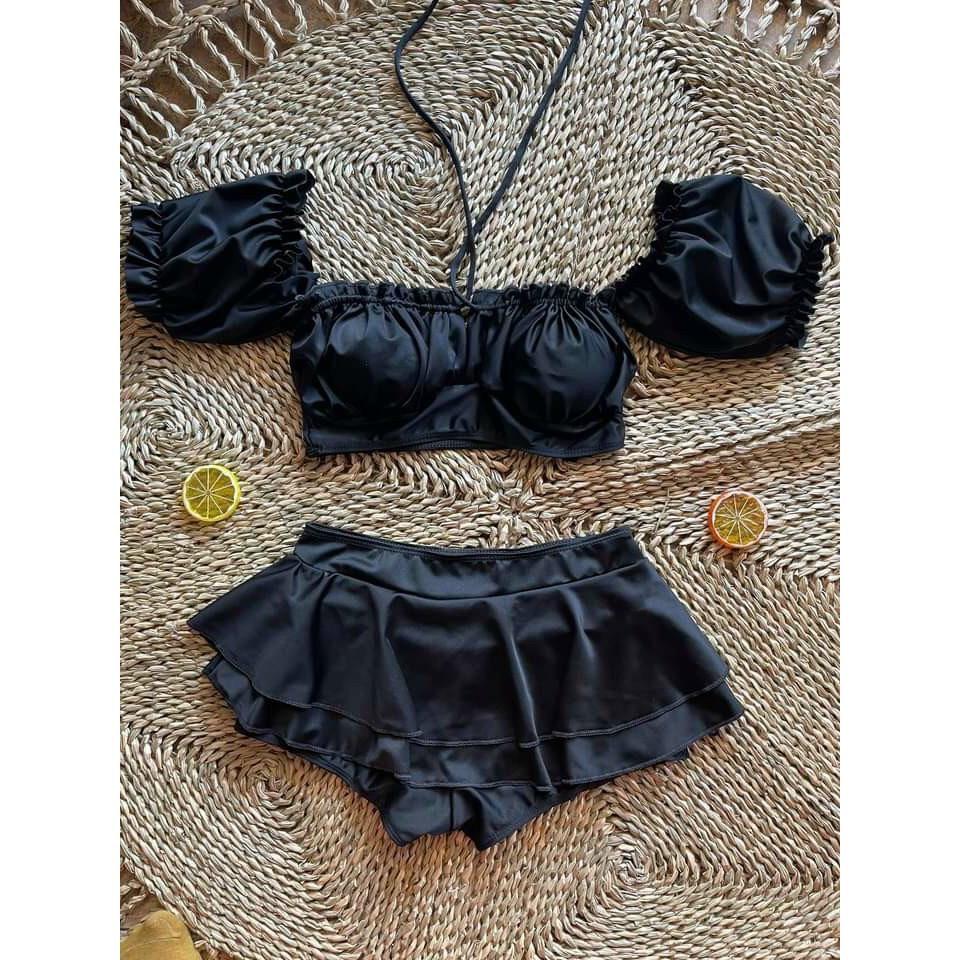 Bikini, đồ bơi đi biển 2 mảnh nữ áo tay phồng Hiền Hồ phối váy 2 tầng đẹp ODERI HM-070
