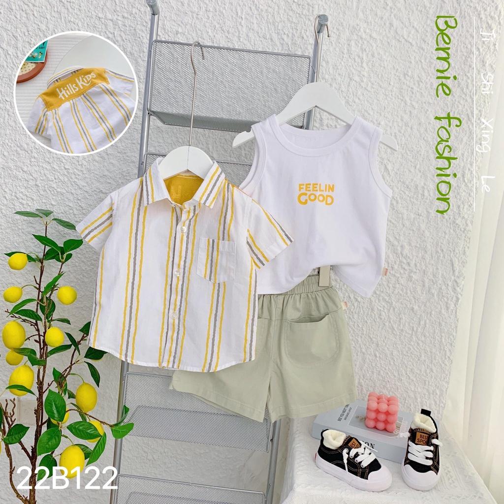 Set bé trai áo sơ mi, quần short, áo ba lỗ soái ca hàn quốc