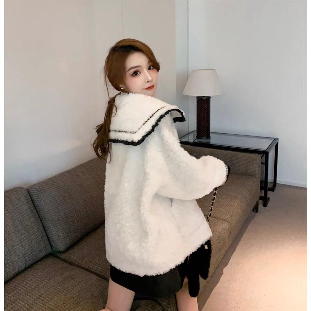 Áo Lông Trắng Thủy Thủ - Chất lông cừu dày mịn nhẹ, form rộng - Phong cách Hàn Quốc sang chảnh, quý phái