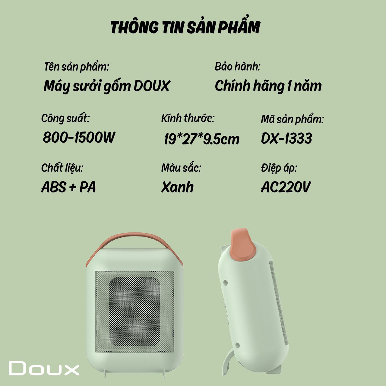 Máy sưởi gốm Doux DX-1333 công nghệ mới tiết kiệm điện năng, an toàn tiện lợi - Hàng chính hãng