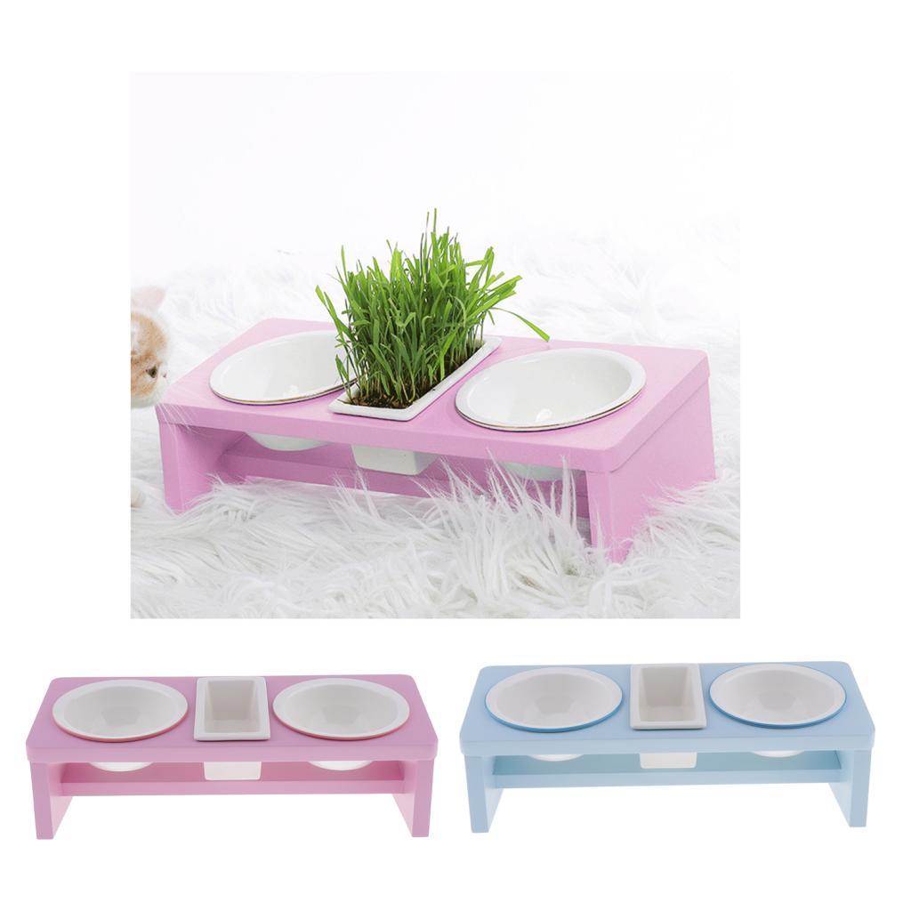 Pet Ceramic Food Water Feeding Bowl With Wooden Stand For Cat Dog Sky Blue