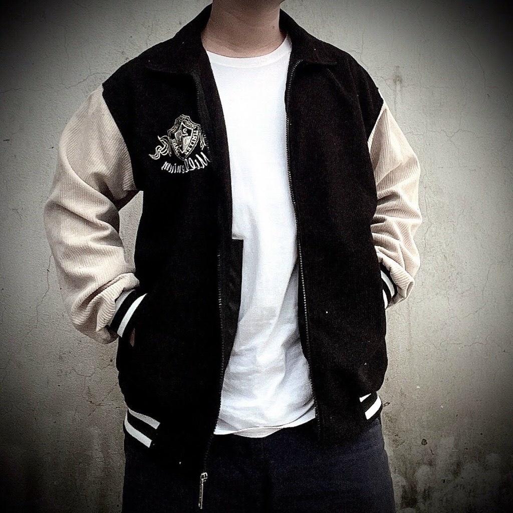 Áo Khoác Bomber Nhung Gân Tăm Thêu 2000 Jacket Varsity Unisex Form Rộng Ulzzang NUPAKACHI