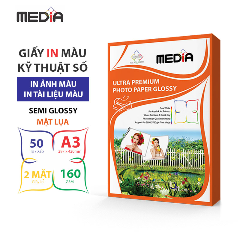 Giấy In Màu Kỹ Thuật Số MEDIA 2 Mặt Lụa (Semi Glossy) Khổ A3 (297 x 420mm) Định Lượng 160/230/260gsm 50 Tờ, Dùng In Ảnh Màu &amp; Tài Liệu Màu - Hàng Chính Hãng