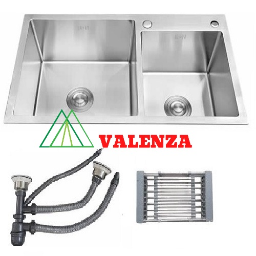 Chậu rửa chén bát inox Valenza 8245 hai hố lệch, kèm bộ xiphong xả chậu, rá inox đa năng