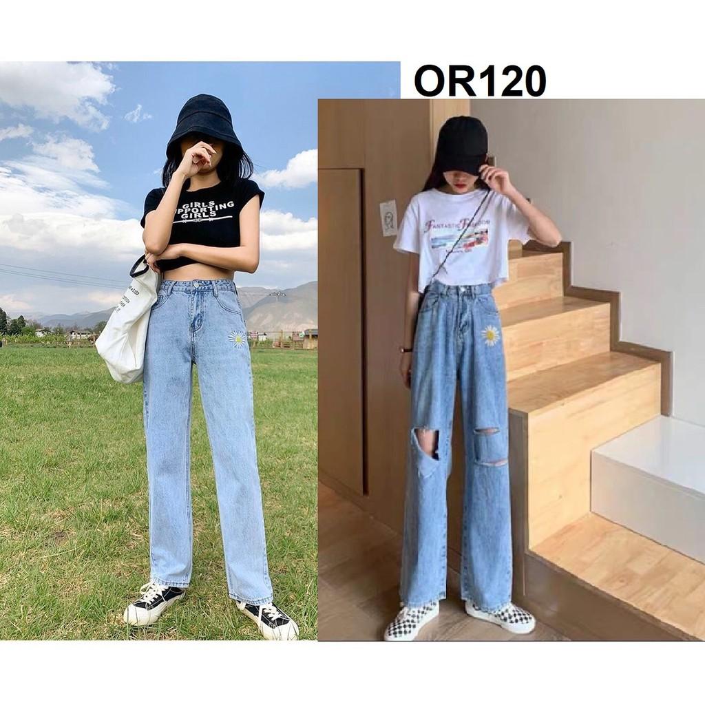 Quần jean ống rộng Simple thiêu hoa cúc - OR120