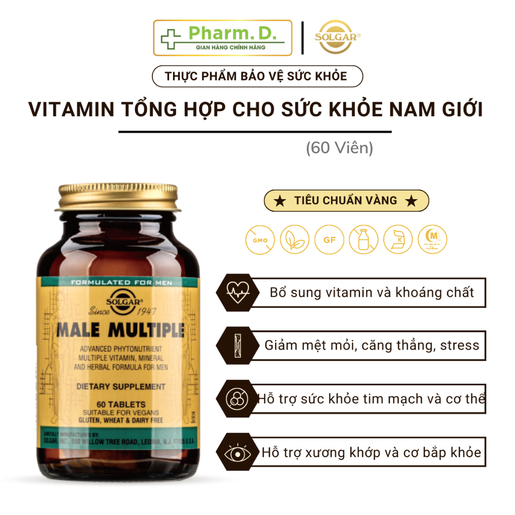 Viên Uống Solgar Male Multiple Giúp Giảm Stress, Bổ Sung Vitamin Và Khoáng Chất Hỗ Trợ Sức Khỏe Cho Nam Giới (Hộp 60 Viên)