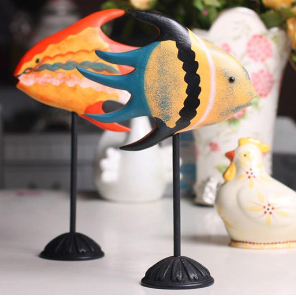Wooden Fish Figurine Miniature Sculpture with Stand Ornament for Home Table