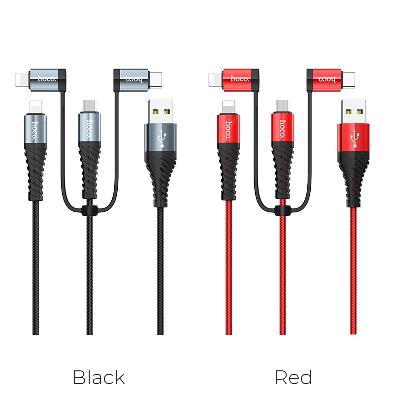 Cáp sạc đa năng 4 in 1 (Lightning + Micro USB + Type C) Hoco sạc được cùng lúc nhiều thiết bị, dây cáp bọc dù, chống đứt, chống rối, chống gãy gập dành cho điện IOS và Android dài 100cm, X38 - Hàng chính hãng