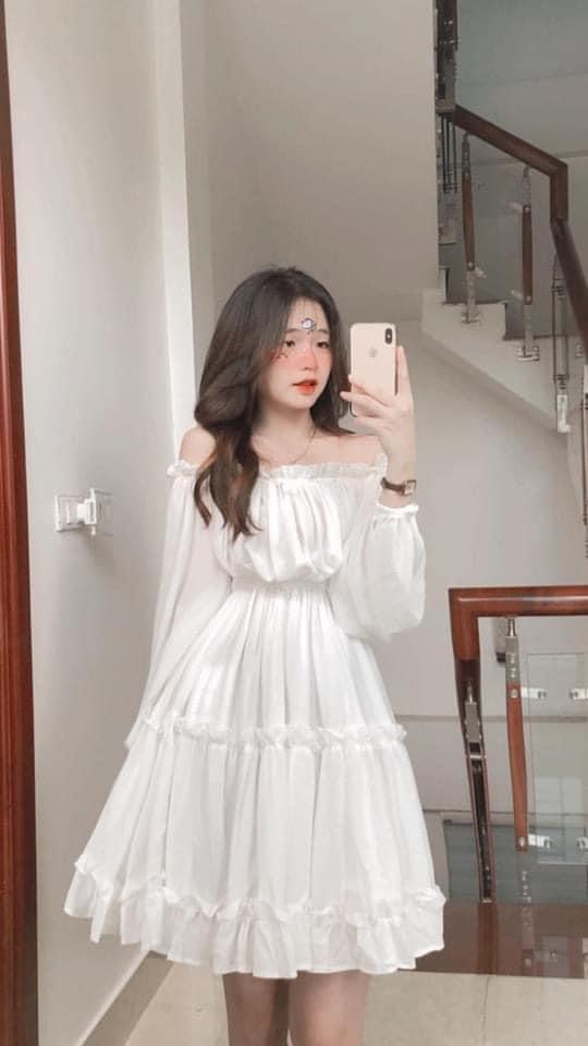 Đầm trắng voan tầng maxi - đầm trễ vai trắng