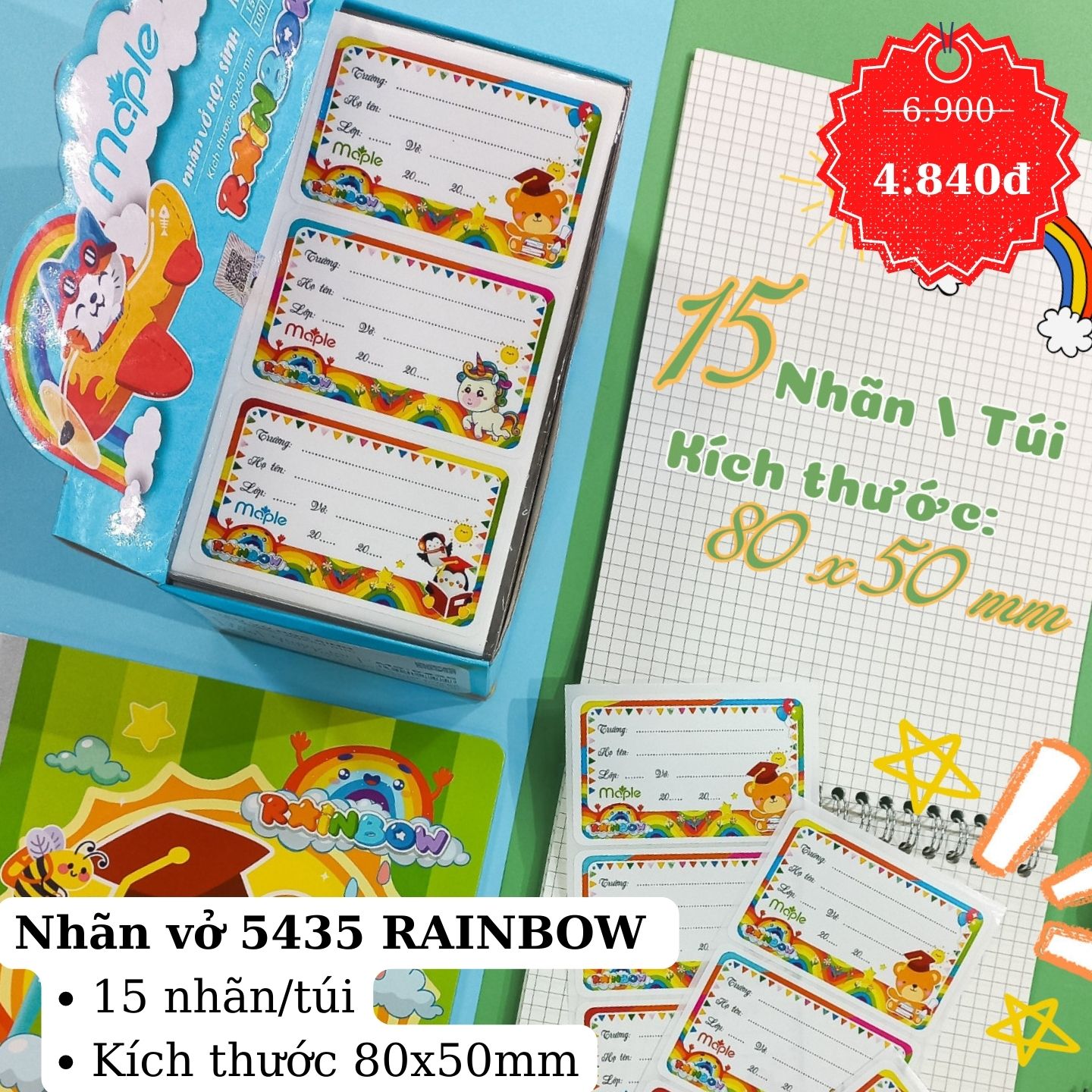 Nhãn vở Mc.ple RAINBOW 5435 (15 nhãn/túi) Nhãn vở học sinh giá rẻ