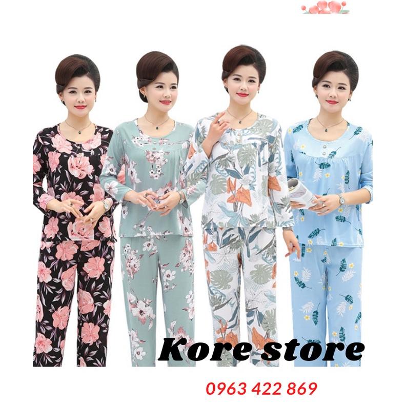 Bộ đồ trung niên tay dài quần dài đũi cực mát cho mẹ cho bà, họa tiết hoa lá xinh