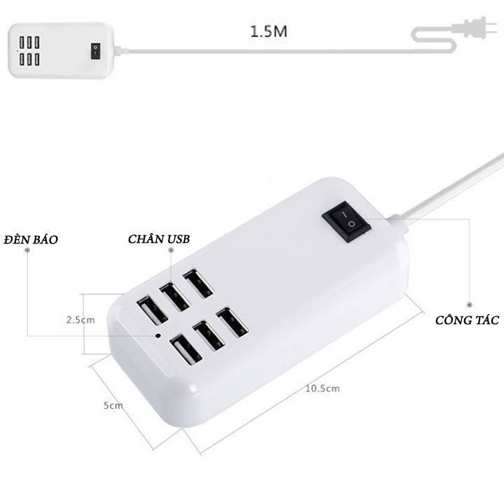 Bộ sạc nhanh 6 cổng USB 30W – Bộ chia cổng sạc để bàn hình trụ/ hình hộp – Sạc nhanh nhiều thiết bị cùng lúc – Cổng sạc 6A tương thích nhiều thiết bị thông minh – Đem đi mọi nơi  - Giao màu ngẫu nhiên