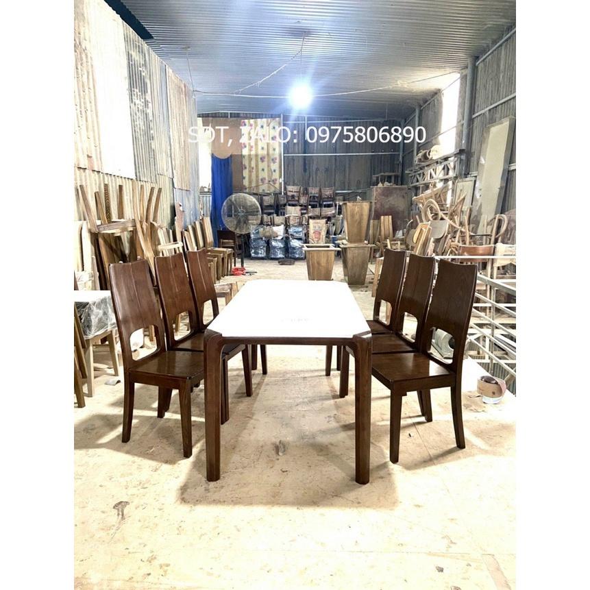 Bàn ghế ăn gỗ sồi cao cấp (bàn 160cm mặt bàn màu trắng+6 ghế tựa lưng cao)