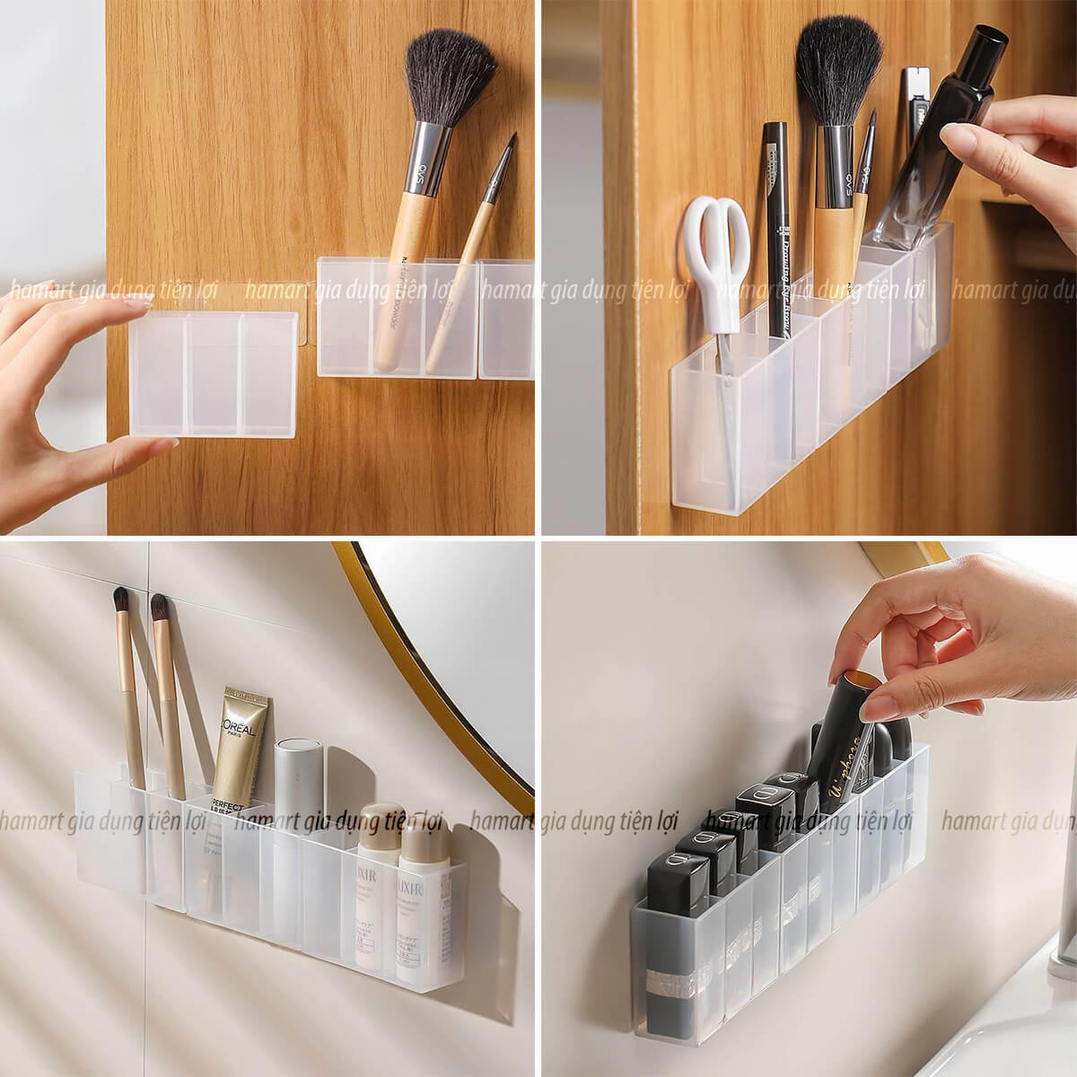 Khay Đựng Son Môi Mini 3 Ngăn Dán Tường Hộp Trong Suốt Gắn Cánh Tủ Treo Đồ Trang Điểm Để Mỹ Phẩm - 1 Khay Để Son 3 Ngăn + Tấm Keo