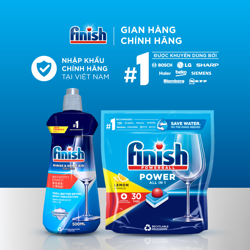 Combo 1 Cho Người Mới Bắt Đầu: Túi 30 Viên Nước Rửa Bát All In One Max + Nước Làm Bóng Rinse &amp; Shine Aid