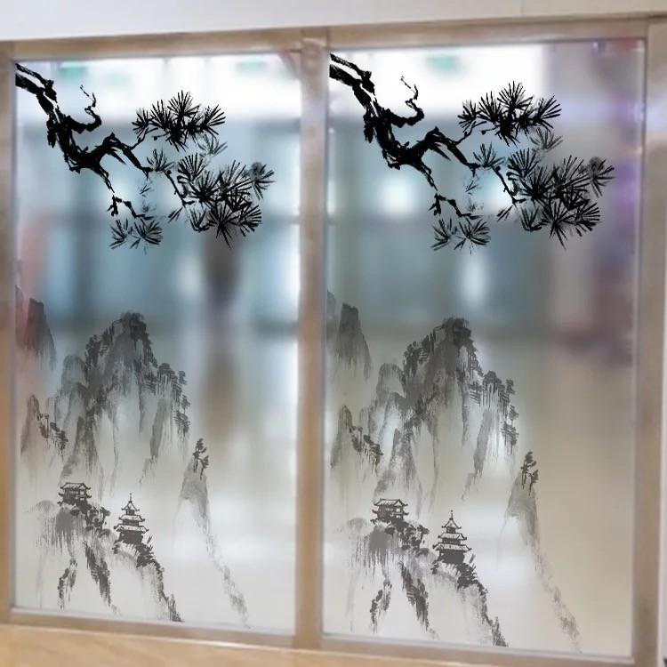 Decal trang trí kính cao cấp mẫu phong cảnh Sơn Núi và cành cây