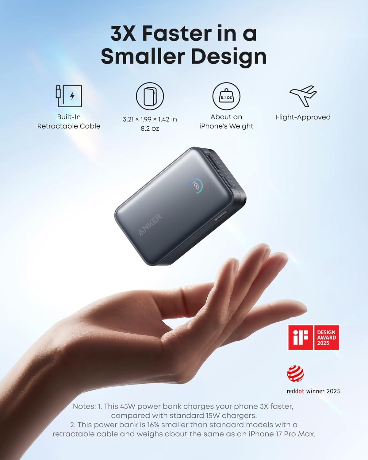 Sạc dự phòng Anker Nano 2C1A 45W 10000mah (Built-In Retractable USB-C Cable) Đen (Black) A1638 - Hàng Chính Hãng