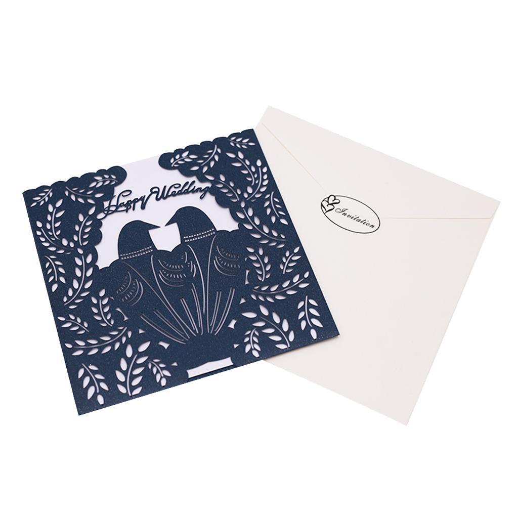 10 Sets Couple Birds Wedding Invitation Cards with Envelopes and Seals Blue