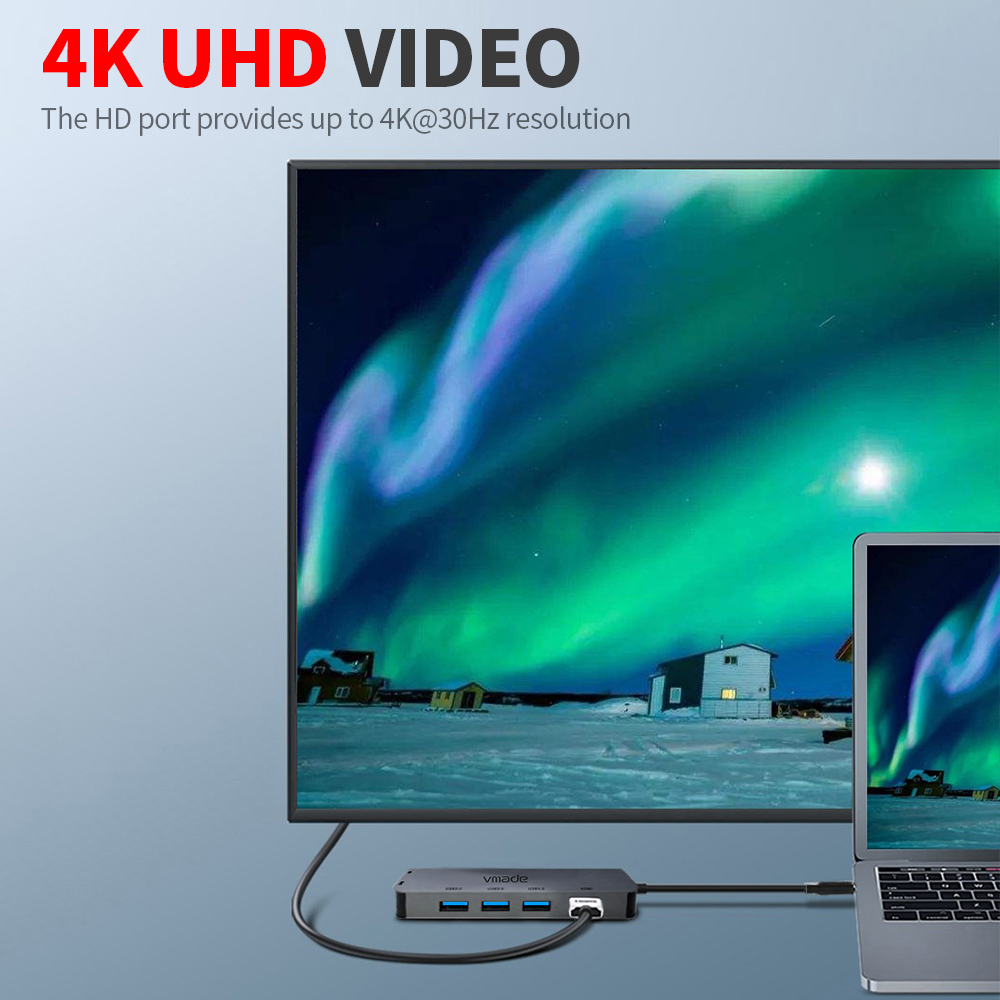 Bộ chuyển đổi 8 trong 1 bằng hợp kim nhôm loại C sang USB 3.0 với Khe cắm thẻ nhớ TF SD Cổng RJ45 Hỗ trợ PD Charging