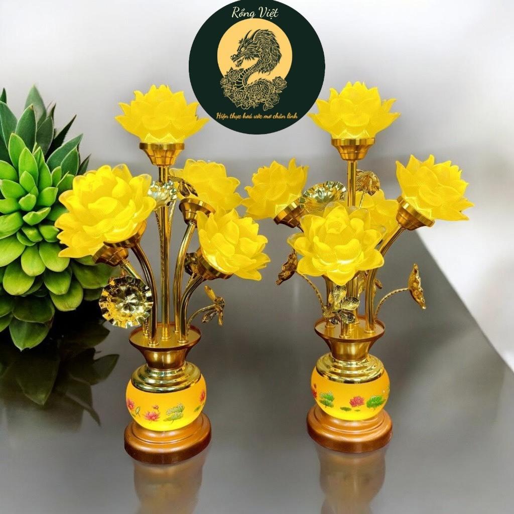 Cặp đèn thờ hoa sen lưu ly 5 bông cao cấp RỒNG VIỆT, Đèn thờ trang trí ánh sáng vàng