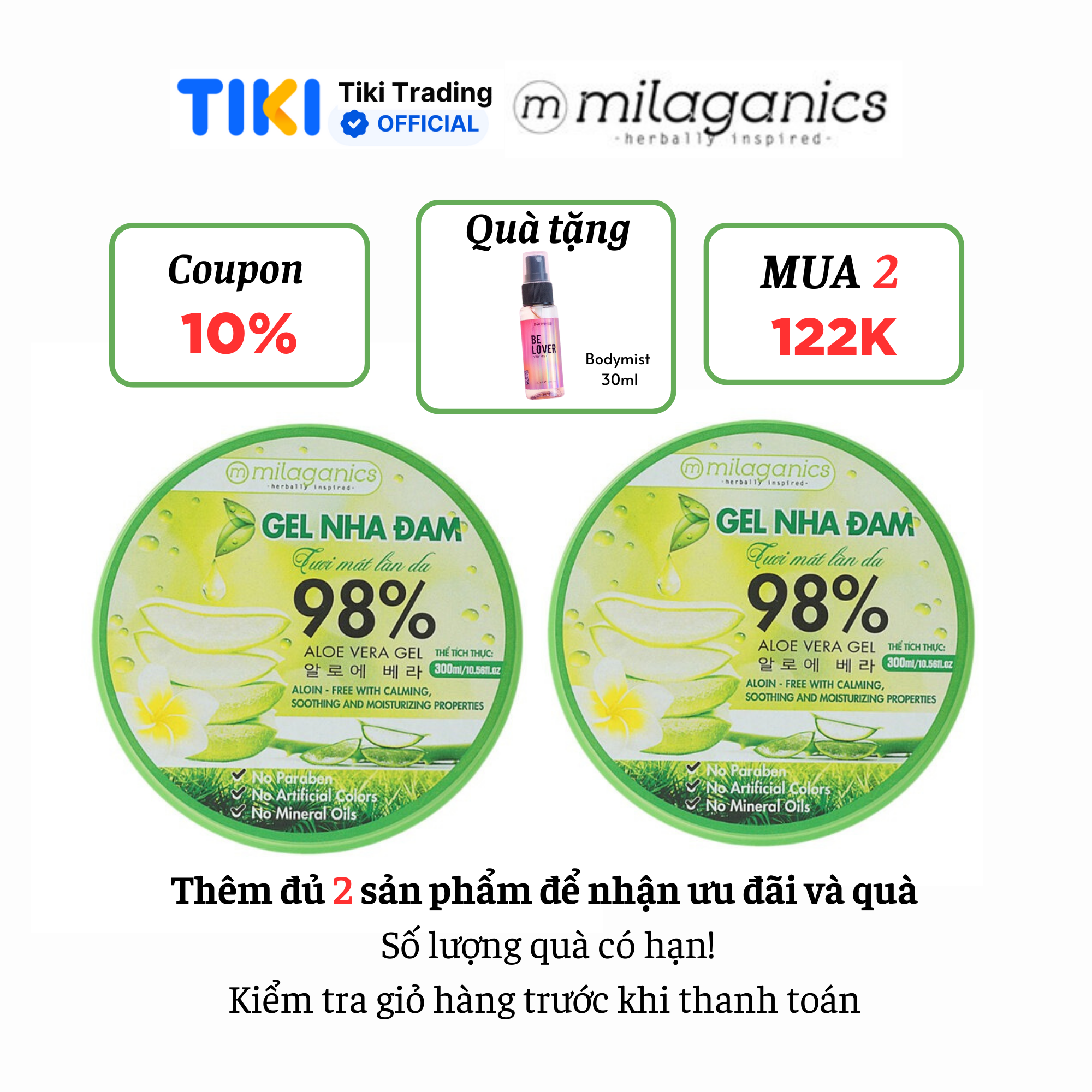 Gel nha đam dưỡng da &amp; cấp ẩm 98% MILAGANICS phù hợp với da khô, nhạy cảm 300ml (hũ)