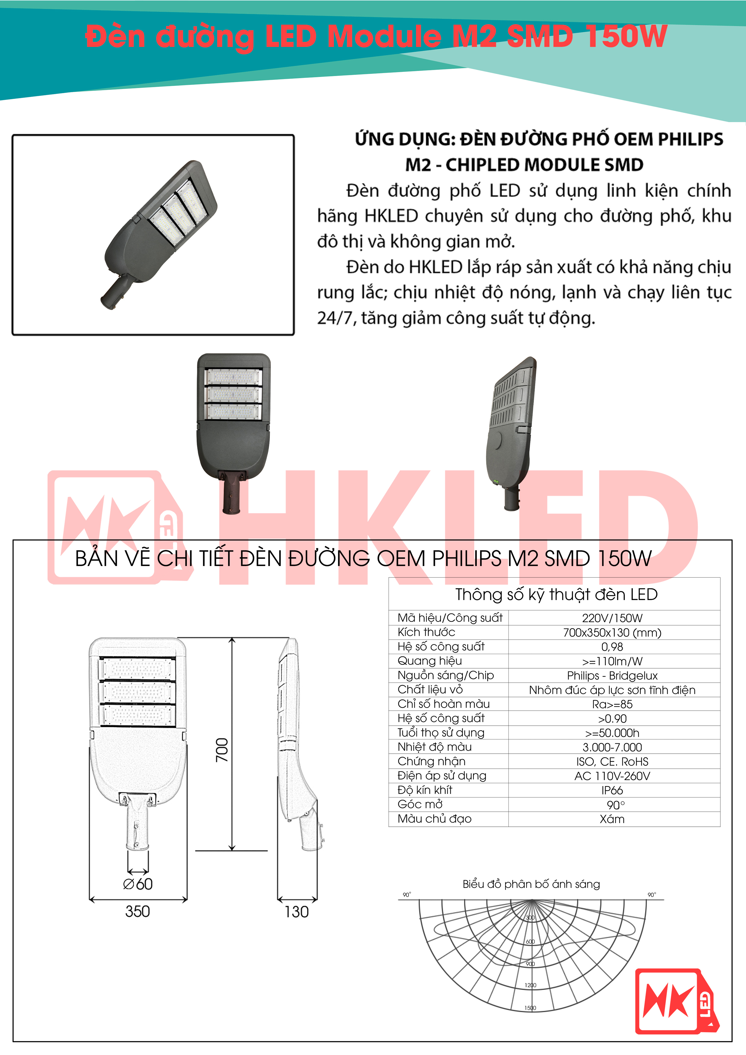 HKLED - Đèn đường phố OEM Philips Module M2 Driver DONE công suất 150W - DDM02M150