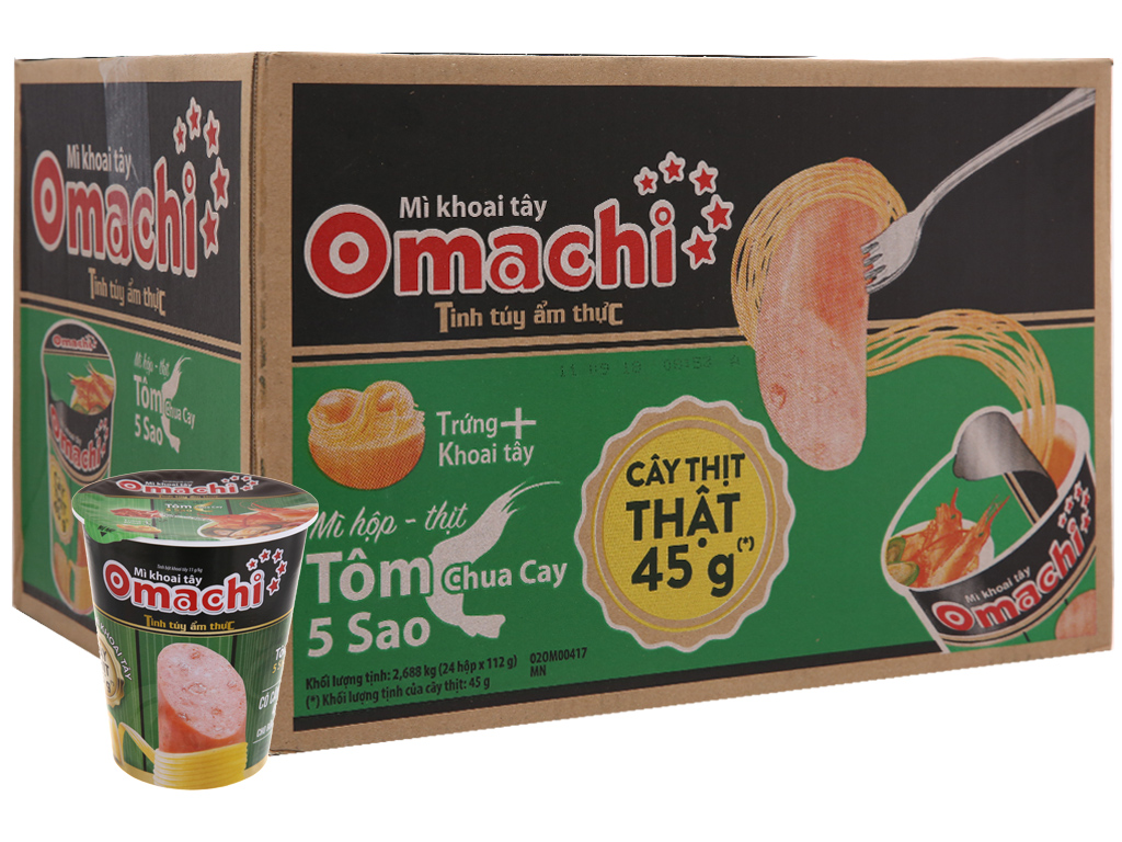 Thùng 24 ly mì khoai tây Omachi tôm chua cay 112g (có cây thịt thật)