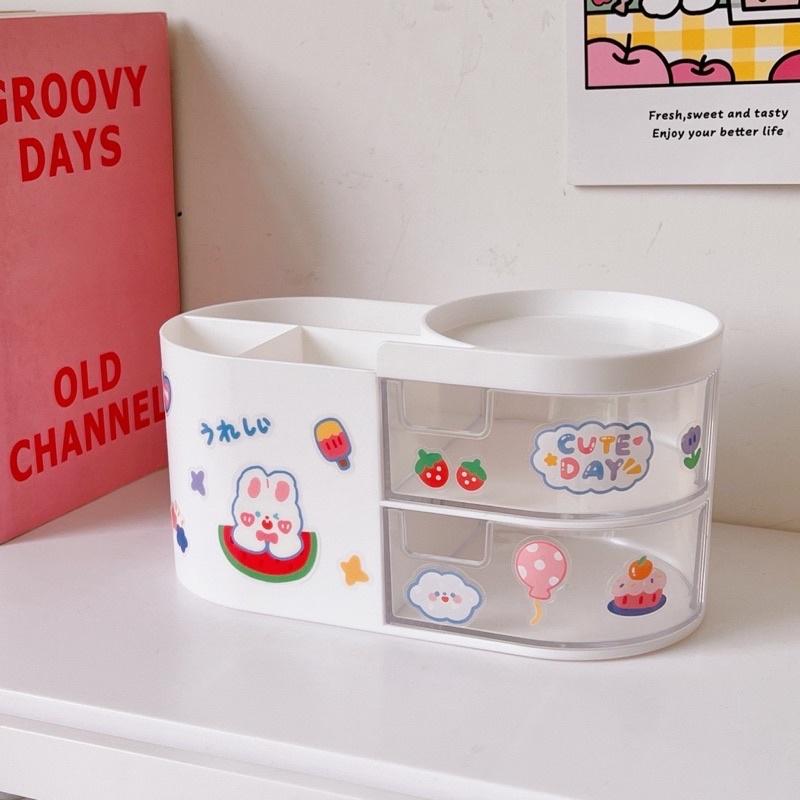 Khay kệ đựng bút đa năng để bàn hình bầu kèm Sticker decor bàn học cute - Khay cắm bút, cọ trang điểm, phụ kiện học tập