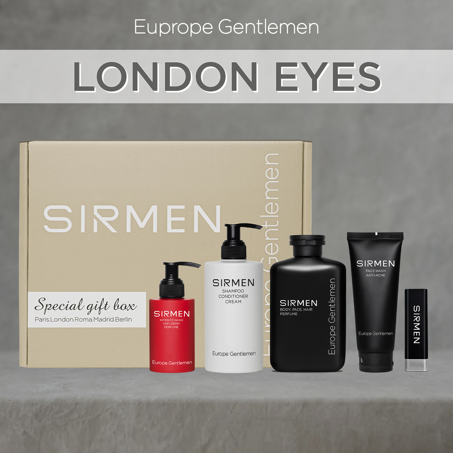 GIFTBOX combo 5 - London Eyes Sữa tắm nam - Dầu gội xả dưỡng nam - Dung dịch vệ sinh - Sữa rửa mặt và Son Dưỡng SIRMEN