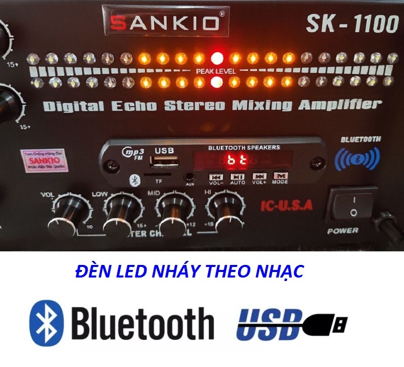 Amply Bluetooth SANKIO SK-1100 - Amplifier Karaoke gia đình 8 sò Nhật lớn, Nút chỉnh nhôm, Quạt gió làm mát - Đèn nháy cực đỉnh - Hàng chính hãng cao cấp