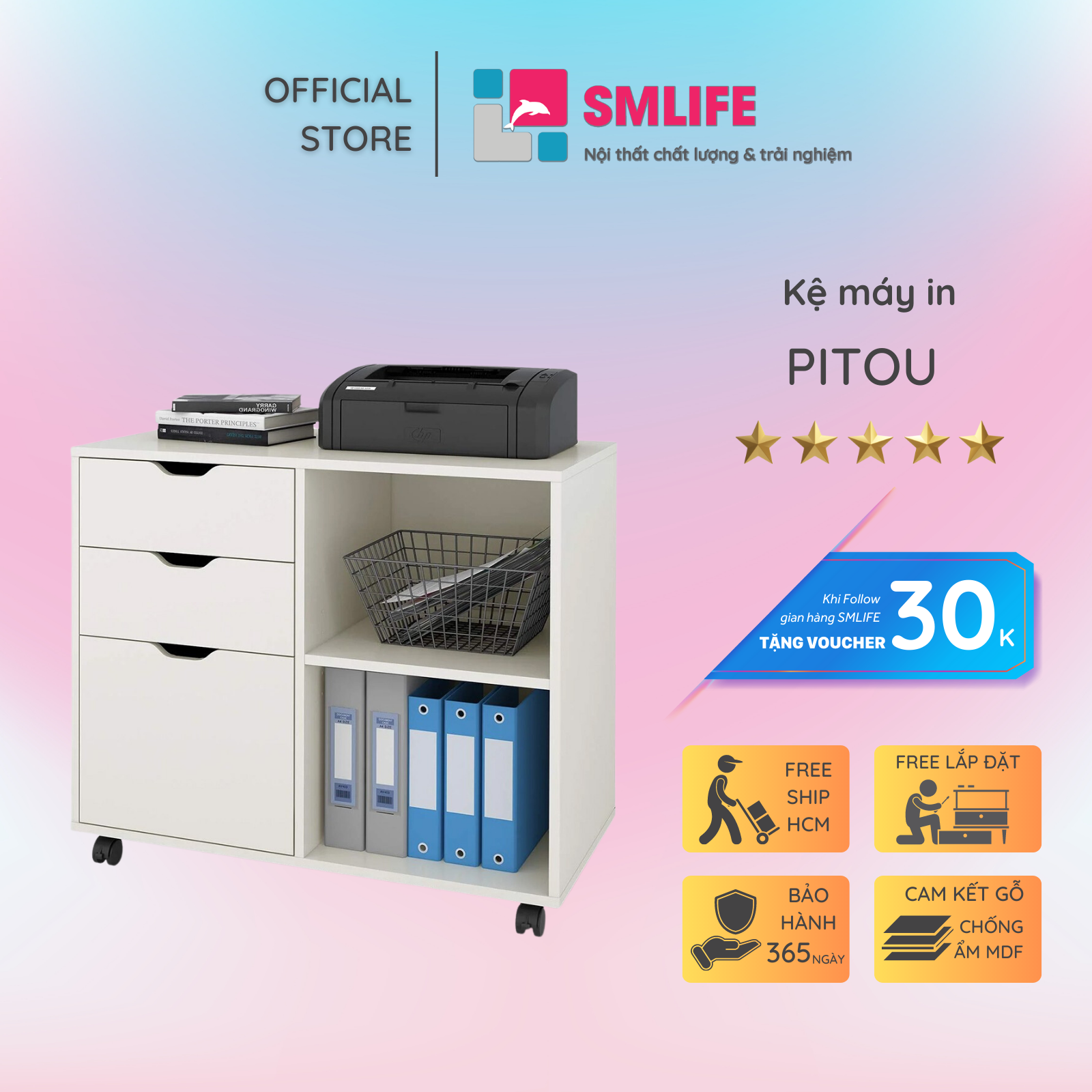 Kệ để máy in gỗ hiện đại SMLIFE Pitou | Gỗ MDF dày 17mm chống ẩm | D80xR40xC71cm