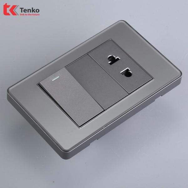 Công Tắc-Ổ Cắm 2 Chấu Âm Tường Mặt PVC Trong Bo Viền Xám - Chống Xước Chống Bạc Màu TENKO TK-C9-G023