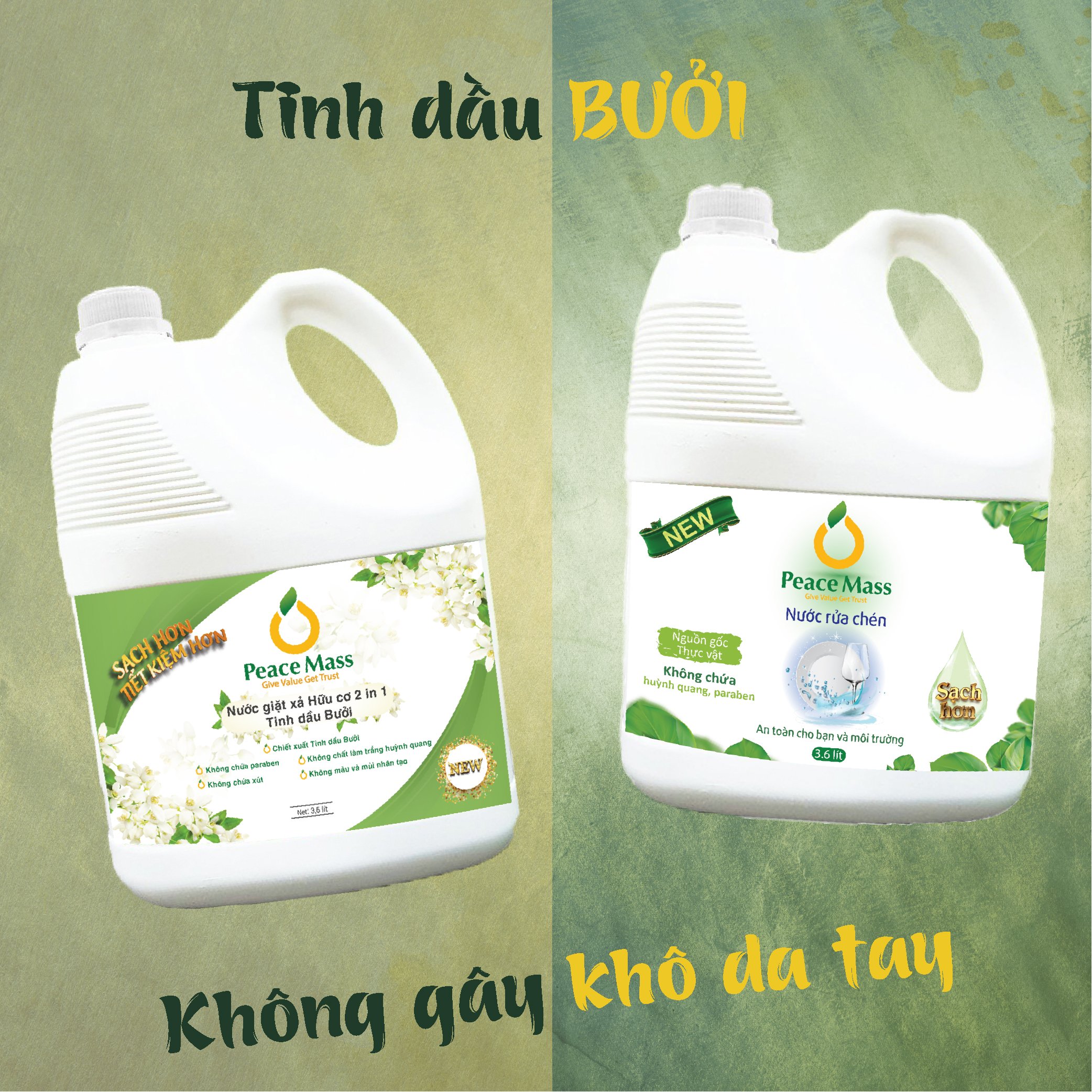 Combo Sản Phẩm Gốc Thực Vật  Peace NGB3 Mass - Nước Giặt Xả 2 in 1 3.6l + Nước Rửa Chén 3.6 lít (Thuộc nhóm Sản phẩm Lành tính / Hữu cơ)