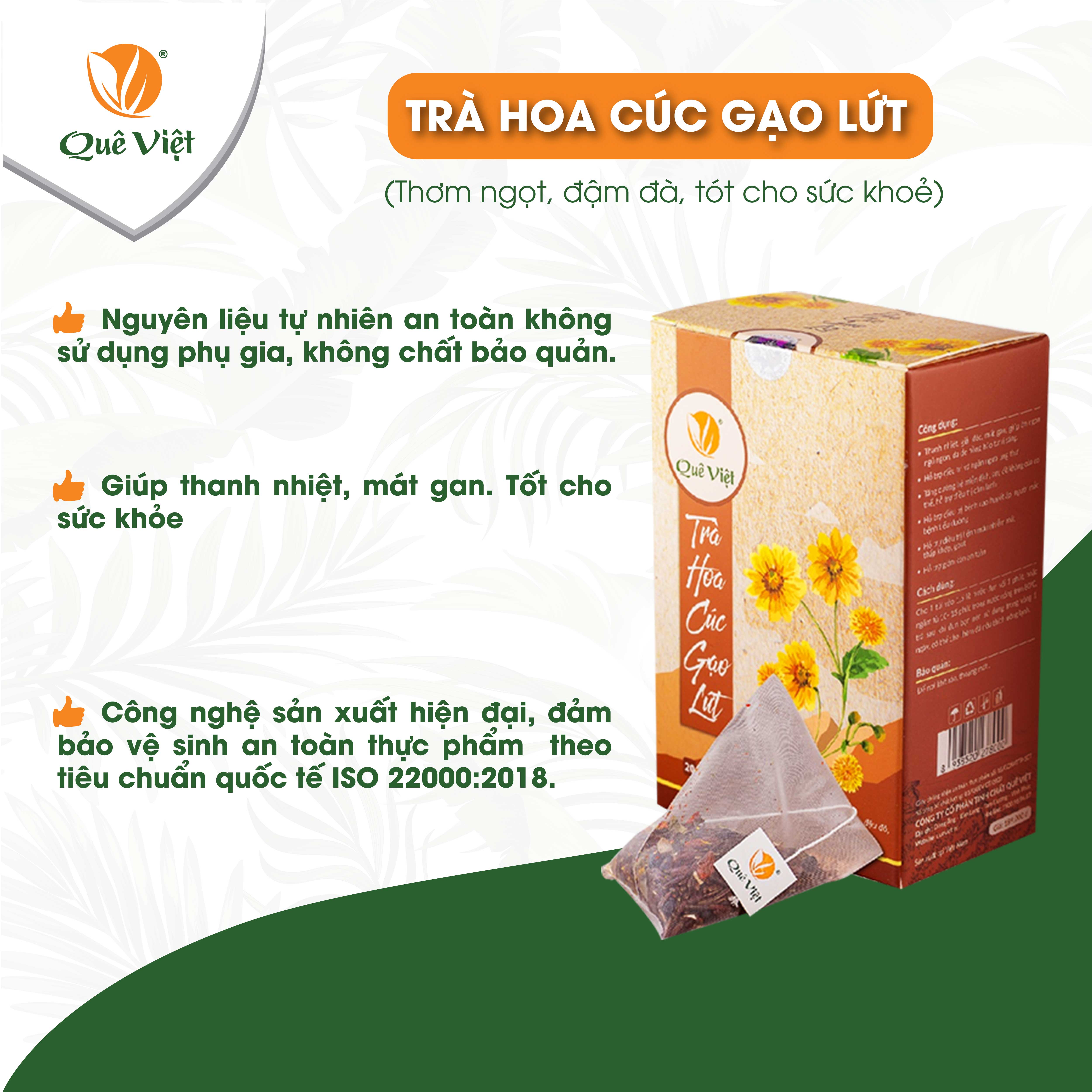 Combo 3 hộp Trà hoa cúc gạo lứt Quê Việt + tặng 1 cốc gốm sứ Bát Tràng - Hộp 600g (20 túi x 30G)
