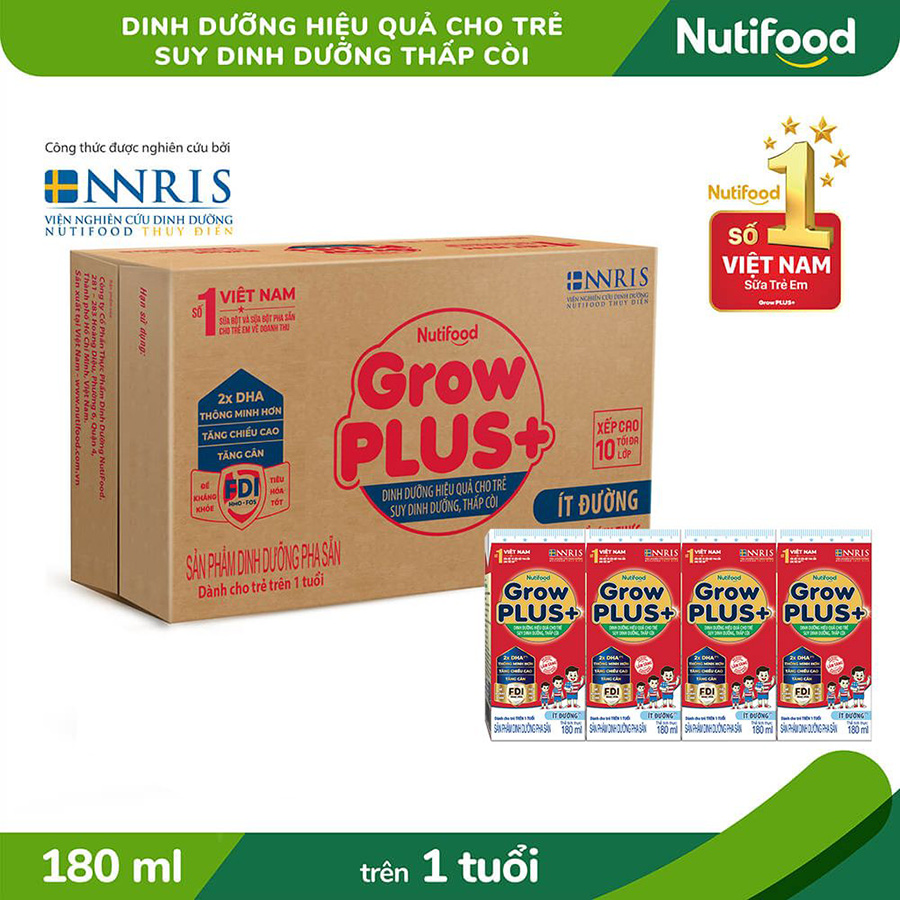 Thùng Sữa Bột Pha Sẵn Nutifood GrowPLUS+ ít đường Suy Dinh Dưỡng - Trên 1 Tuổi - Tăng Cân, Tăng Chiều Cao (48 Hộp x 180ml)