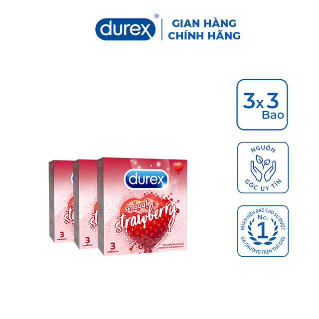 Durex Sensual Strawberry | Bao Cao Su Durex Hương Dâu Tây | Hộp 3 Cái