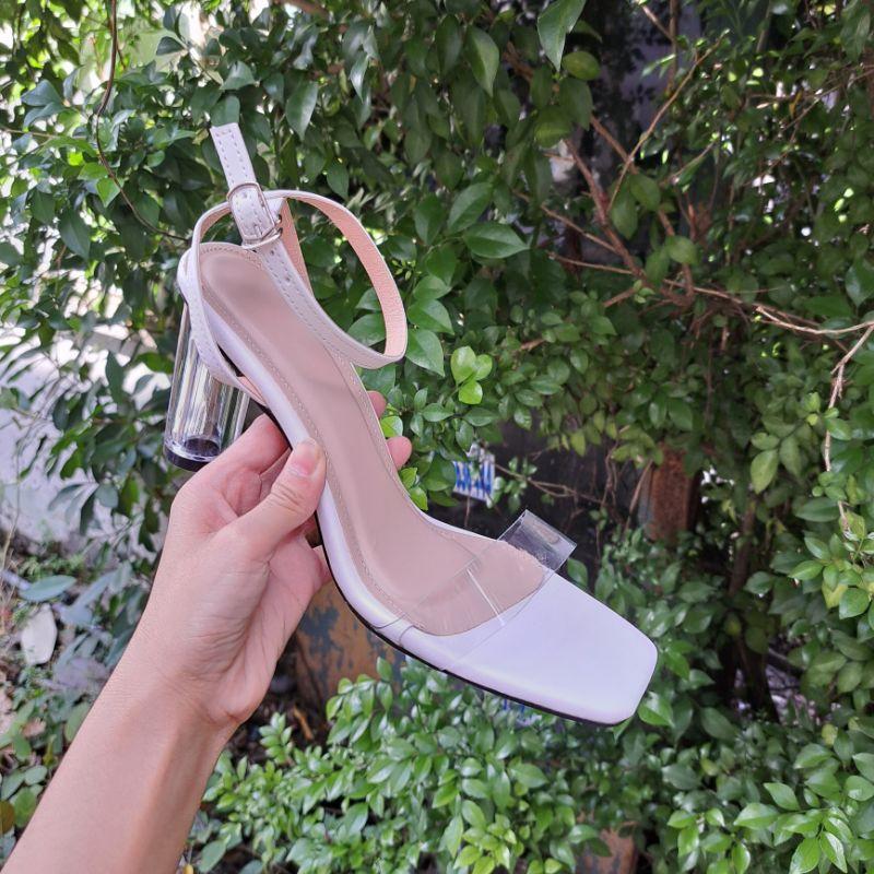 HCM Giày cao gót bigsize 40 41 42 43 gót trụ tròn trong suốt 7 phân, xăng đan cao gót size lớn siêu hot siêu thời trang