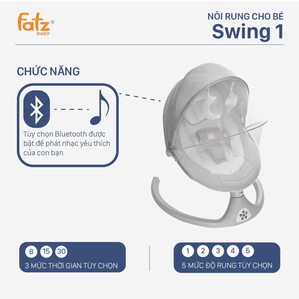 NÔI RUNG CHO BÉ FATZBABY SWING 1 FB8102TN 3 chế độ lắc lư tự nhiên, giúp bé thư giãn và dễ dàng đi vào giấc ngủ